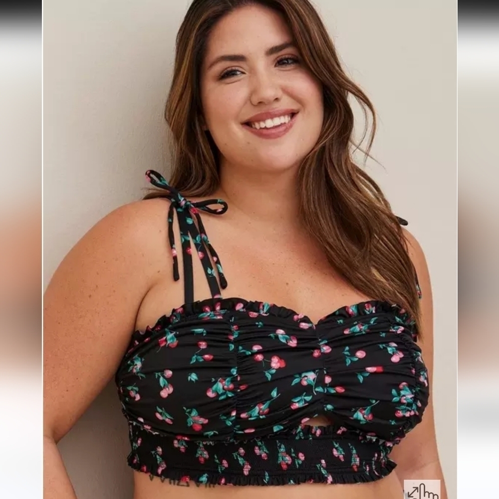 Torrid Plus Size 1 SMOCKED KEYHOLE BRALETTE MICROFIBER CHERRIES BLACK 1X NWOT